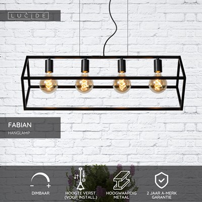 Lucide FABIAN - Hanglamp - 4xE27 - Zwart